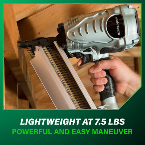 Close-up of Framing Nailer 21 Degree Plastic Collated Lightweight 7.5 Lb Pro Power Tool held by hand in wooden framing