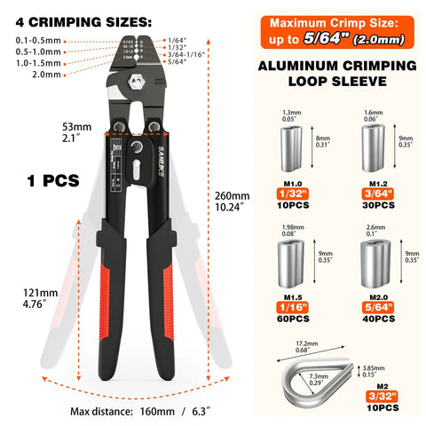 Beefy Heavy Duty Wire Rope Crimping Tool Kit For Aluminum Crimp Sleeves Up To 2.0mm with sizing details and components