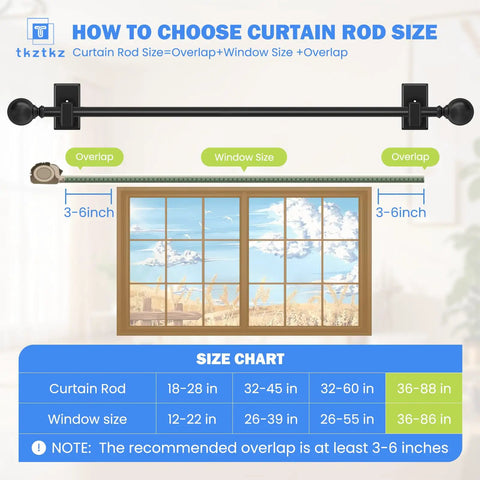 Diagram showing how to choose curtain rod size for No Drill Curtain Rods For Windows 36 To 88 Inches With Adhesive Brackets Five Eighth Inch Sash Rod Easy Install Renter Friendly Bedroom Apartment Curtain Hardware