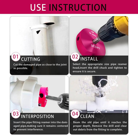 Pro Grade PVC Pipe Reamer Kit With Aluminum Heads usage instructions for CPVC ABS, cutting, installing, interposition, and cleaning.
