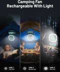 Beast Mode Portable Rechargeable Camping Fan With 9 Inch Blade 24000mAh Battery showing three light levels in outdoor settings.