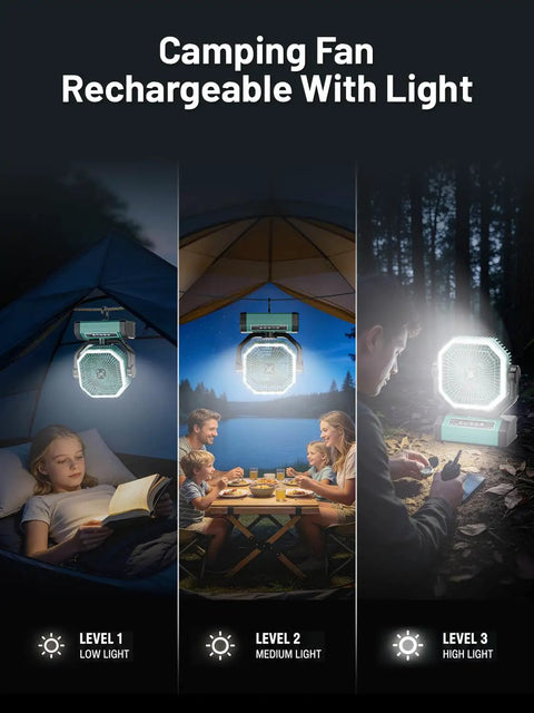 Beast Mode Portable Rechargeable Camping Fan With 9 Inch Blade 24000mAh Battery showing three light levels in outdoor settings.