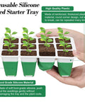 Hand holding 4 Pack Self Watering Seed Starter Trays With Grow Light Kit, showing green silicone base and sprouts in 12-cell design.
