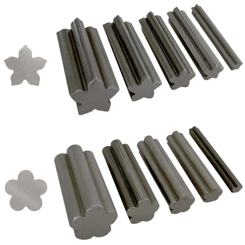 Five Petal Flower Disc Cutter Set Of Ten For Jewelry Making And Metalworking, 5mm To 16mm Diameter, showing punches and discs