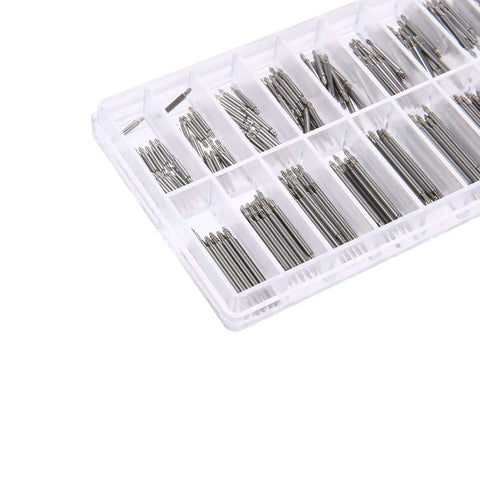 360 Piece Stainless Steel Watch Band Link Pins Kit With 18 Size Assortment in a plastic organizer tray
