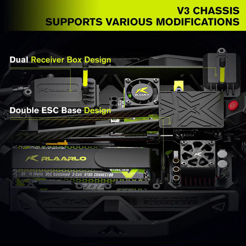 Close-up of V3 chassis of Brushless One Tenth Scale Carbon Fiber RC Drift Car For Adults With Gyro, highlighting modifications.