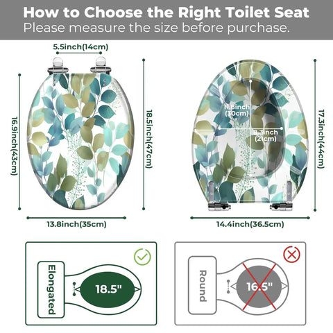 Guidelines for Elongated Resin Toilet Seat for Bathroom Replacement size measurements with dimensions indicated