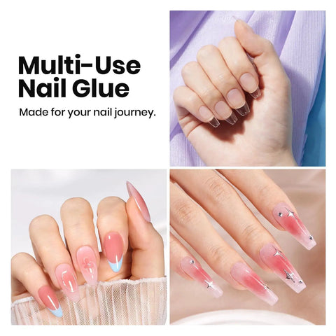 Gel Nail Prep Kit With Dehydrator And Primer, Hema-Free, showing manicured nails with nail glue and extensions.
