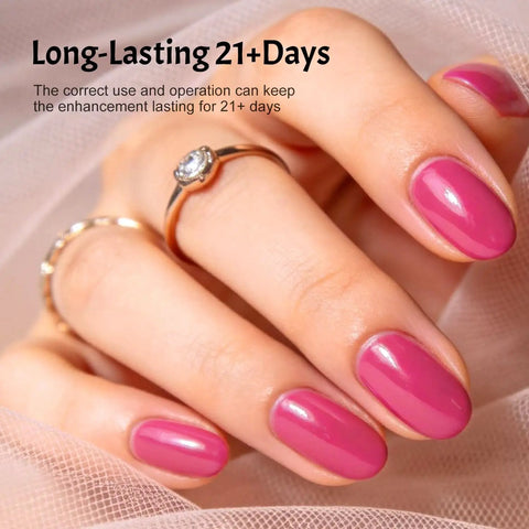 Manicured nails with pink polish, showcasing 36Pcs Gel Nail Polish Kit With 32 Classic Colors And 4 Essential Addons Base Coat No Wipe