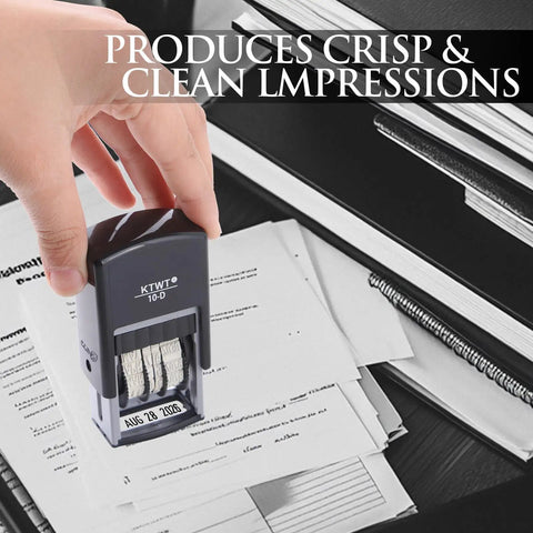 Self Inking Date Stamp Featuring Us Mmm Dd Yyyy Format And Crisp Black Prints For Fast Desk Jobs Or Teacher Marking in use on paperwork.