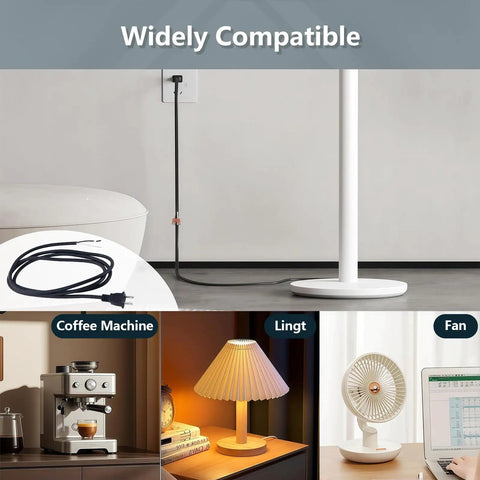 2 Pack 6 Foot 18AWG Power Tool Cord Replacement with 2 Prong Polarized Plug shown with various appliances and a floor lamp.