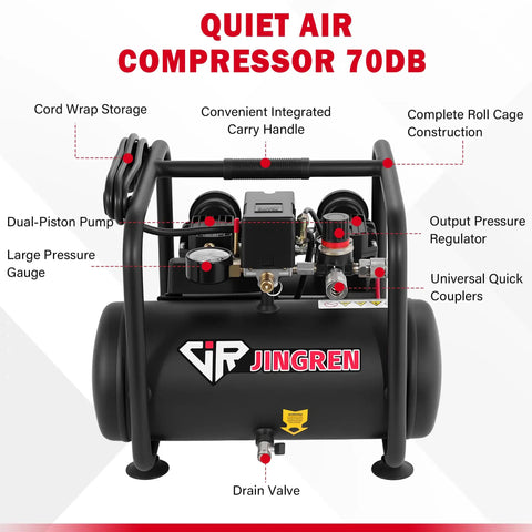 Jingren 2 Gallon Oil Free Air Compressor With Hose Only 68dB Super Silent 120PSI Max 1.2HP Portable For Nails And Tires No Noise Just Work