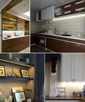 Under Cabinet LED Light Bar Dimmable RGB With RF Remote Control Multicolor Under Counter Lighting seen in various kitchens and shelves.