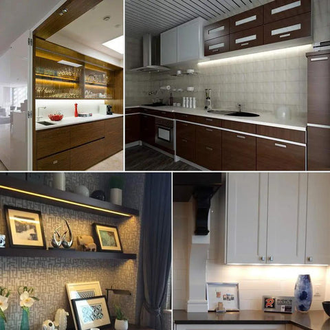 Under Cabinet LED Light Bar Dimmable RGB With RF Remote Control Multicolor Under Counter Lighting seen in various kitchens and shelves.