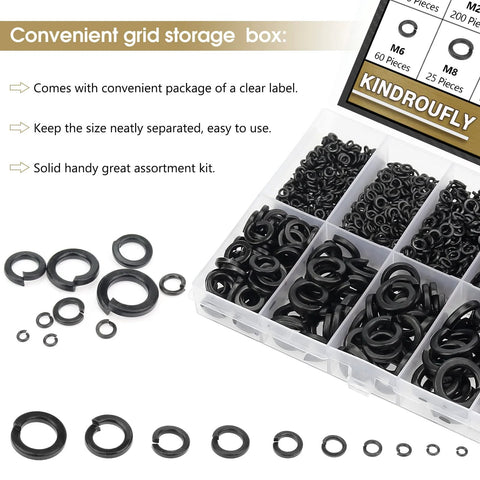 Front view of Kindroufly 1000-piece lock washers in grid storage box, alloy steel, 9 sizes M2–M12