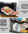 4 Pack Bento Lunch Box Set With Three Compartment Meal Prep Containers used in microwave and dishwasher safe feature display.