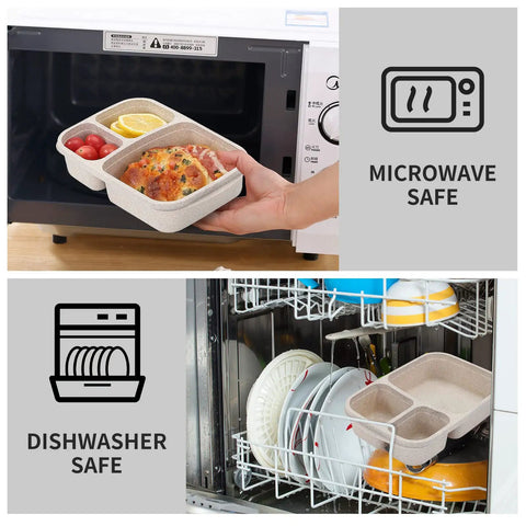 4 Pack Bento Lunch Box Set With Three Compartment Meal Prep Containers used in microwave and dishwasher safe feature display.