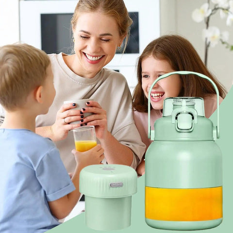 Portable Handheld Electric Citrus Juicer, Automatic Lemon And Orange Press With Ergonomic Non-Slip Grip displayed with family enjoying fresh juice.