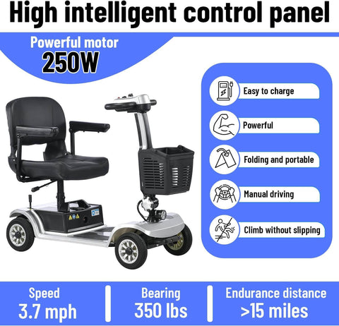 Four Wheel Electric Mobility Scooter for Adults and Seniors, 250W Motor, with control panel and comfy seat