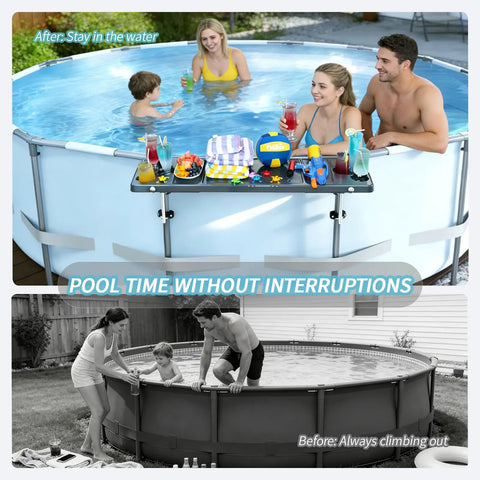 Six Cup Holder Poolside Bar Table For Folding Above Ground Pools Portable Swim Up Bar With Storage Bag Built For Round Pools And Backyard Parties For Poolside Chill Sessions installed on pool.