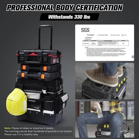 Stacked toolboxes with a telescopic handle, showing professional certification, with a person seated on the toolbox.