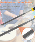 Two guitar fret end dressing files seen from side view with black handles and yellow collars; textured steel blades.