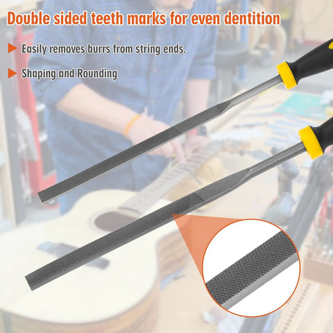 Two guitar fret end dressing files seen from side view with black handles and yellow collars; textured steel blades.