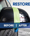 Car side mirror with a green tape, showing restored shine, related to Multi-Purpose Buffing Kit Featuring 100 Percent Wool Buffing Pad Soft Foam Pad 3 Inch Backing Pad For Drill And Microfiber Cloth For Boats Plastics Acrylics Furniture Appliances And Vehicles.