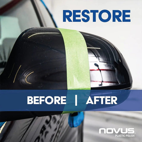 Car side mirror with a green tape, showing restored shine, related to Multi-Purpose Buffing Kit Featuring 100 Percent Wool Buffing Pad Soft Foam Pad 3 Inch Backing Pad For Drill And Microfiber Cloth For Boats Plastics Acrylics Furniture Appliances And Vehicles.