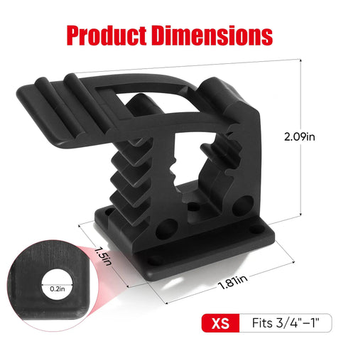 Heavy Duty Rubber Clamp Shovel Mount dimensions 2.09 x 1.81 inches, fits up to one inch diameter, holds 26 lbs per clamp