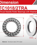 Thrust Needle Roller Bearing Set With Washers Two Set Pack Built Tough For Lawn Tractors And Automotive Steering Five Eighths Inch Bore One And One Eighth Inch Outer Diameter Five Sixty Fourth Inch Width Made From High Strength Bearing Steel And Heat with dimensions and materials.