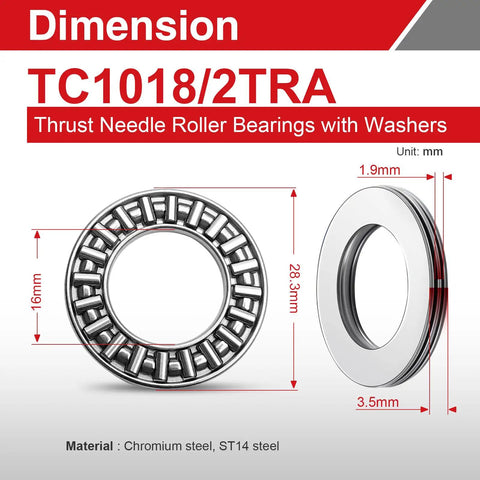 Thrust Needle Roller Bearing Set With Washers Two Set Pack Built Tough For Lawn Tractors And Automotive Steering Five Eighths Inch Bore One And One Eighth Inch Outer Diameter Five Sixty Fourth Inch Width Made From High Strength Bearing Steel And Heat with dimensions and materials.