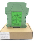 Back view of DC 24V Signal Isolator for PLC with one input and two analog outputs, showing wiring diagram on a cardboard box.