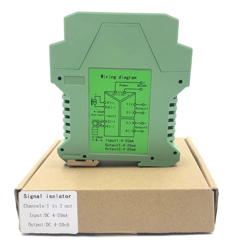 Back view of DC 24V Signal Isolator for PLC with one input and two analog outputs, showing wiring diagram on a cardboard box.