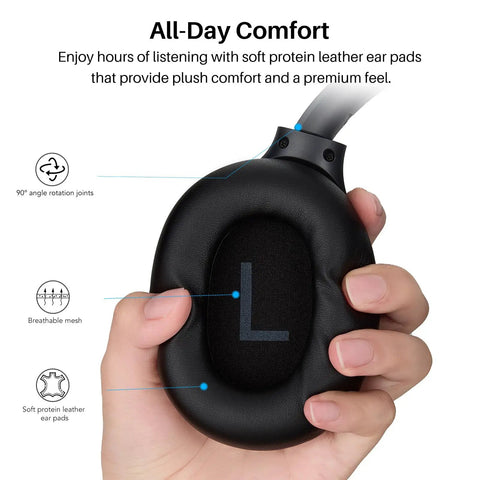 Close-up of Hybrid Noise Cancelling Wireless Over Ear Headphones With 90 Hour Battery Life showing soft protein leather ear pad.