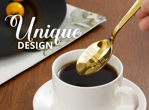 Engineer Gifts Spoon Set For Men, Ideal Mechanical Engineer Gift above a cup of coffee showing engraved text on gold spoon.