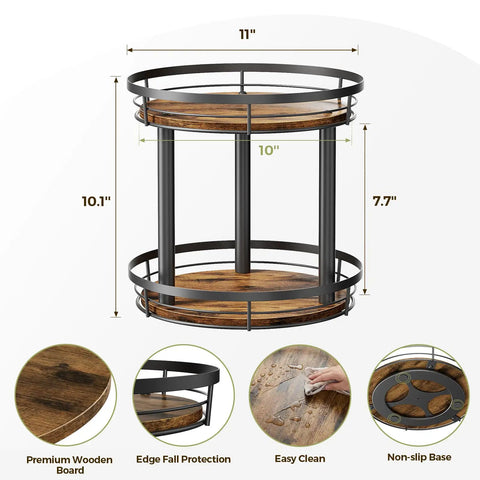 Wooden Ten Inch Lazy Susan Spice Rack Organizer Two Tier with metal frame and premium wooden board, fits cabinet and countertop.