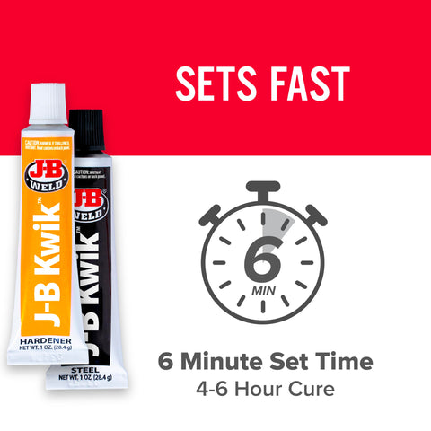 KwikWeld Quick Setting Steel Reinforced Epoxy For Home Auto Marine DIY Repairs On Metal Plastic Wood Ceramic Glass Concrete And More Heavy Duty Fixes Weatherproof And Heat Resistant Two Part Formula Dark Grey 2 Oz with 6 minute set time indication.