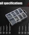 Transparent plastic nail box with 560 piece nail assortment, highlighting nail sizes for Workhorse Hammer Set With Magnetic Nail Starter And Two Claw Hammers 8oz Stubby And 16oz Fiberglass General Purpose 560 Piece Nail Assortment Kit Soft Nonslip Grip Heat Treated Heads Durable High Carbon Steel Build.
