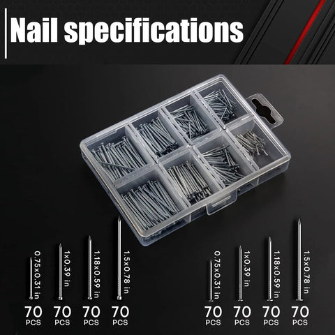 Transparent plastic nail box with 560 piece nail assortment, highlighting nail sizes for Workhorse Hammer Set With Magnetic Nail Starter And Two Claw Hammers 8oz Stubby And 16oz Fiberglass General Purpose 560 Piece Nail Assortment Kit Soft Nonslip Grip Heat Treated Heads Durable High Carbon Steel Build.