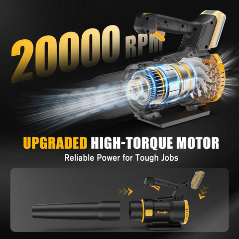 650 CFM Heavy Duty Cordless Leaf Blower Compatible With 20V Max Battery 200 MPH with motor illustration and stepless speed feature