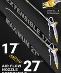 Long Reach Air Blow Gun With Adjustable Nozzle Extendable 17 To 27 Inch Reach Steel 4.9 Inch Air Flow Tip High Volume Pneumatic Tool