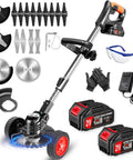 Cordless 3 In 1 Electric Weed Wacker With 21V Battery No String Trimmer Lawn Edger And Brush Cutter 4 Blade And Wheel Attachments