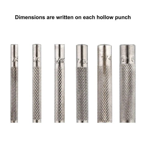 9 Piece Leather Hole Punch Set Hollow Round Punches 3/32 To 25/64 Inch Heavy Duty Carbon Steel showing punch dimensions