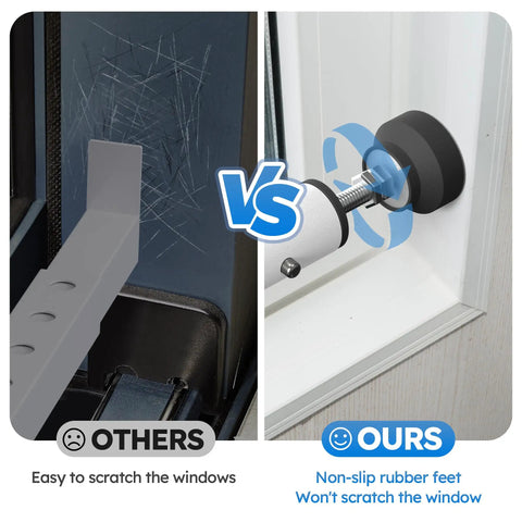 Comparison of standard security bars with scratches vs Heavy Duty Adjustable Window Security Bars Fit Sliding Or Vertical Frames Lock Your Spot Tight While Pulling In Fresh Air White Set Of Two No Hassle Anti Theft Window Jam Blocks with rubber feet