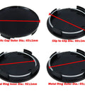 63mm Wheel Center Caps Set Of 4 Black Hub Covers Replacement For 60mm Lug To Lug Rims with size measurements displayed