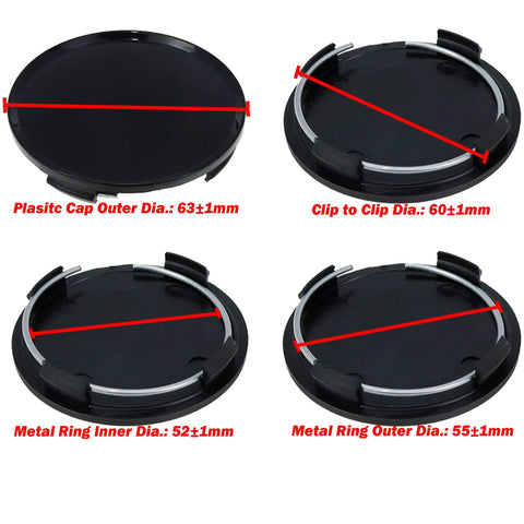 63mm Wheel Center Caps Set Of 4 Black Hub Covers Replacement For 60mm Lug To Lug Rims with size measurements displayed
