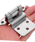 Stainless steel self-closing inset cabinet hinge with four-hole flush-mount base plate.