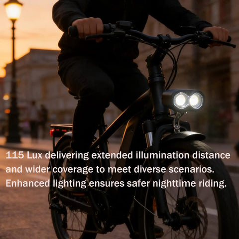 Nighttime urban riding with Front Light With Horn For E Bikes 115 Lux Bright LED Headlight 75 To 100 dB on bike