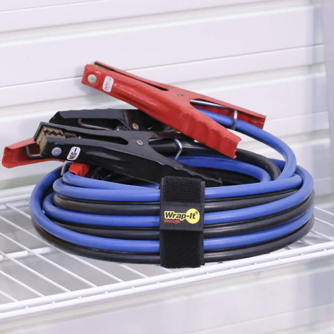 Selfie Straps 12 Inch 8 Pack Black Super Handy Stretchy Hook and Loop Cord Organizer securing blue cables on shelf